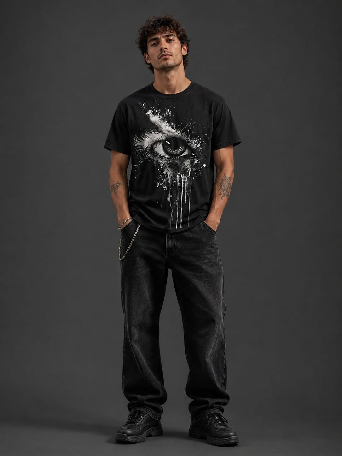 Monochrome Eye Graphic Splash Oversized Black T-Shirt