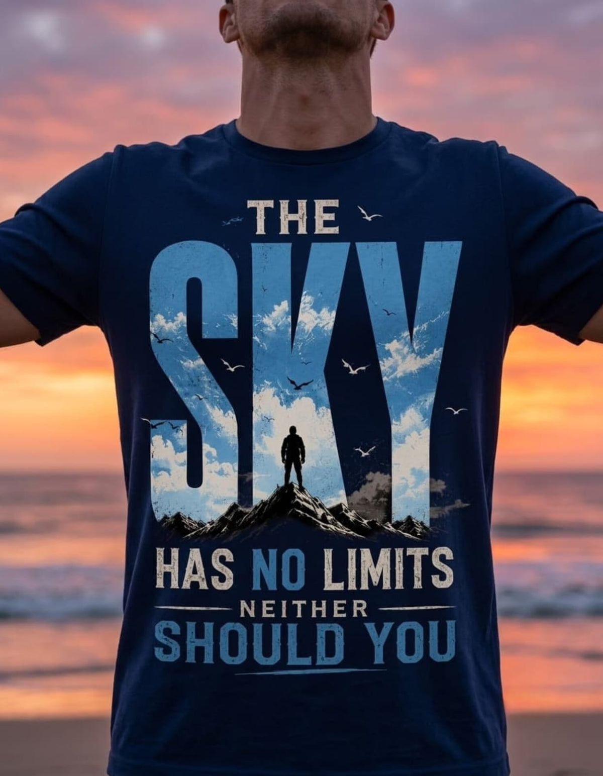 "The Sky Has No Limits Neither Should You" Mountain Graphic Navy T-Shirt