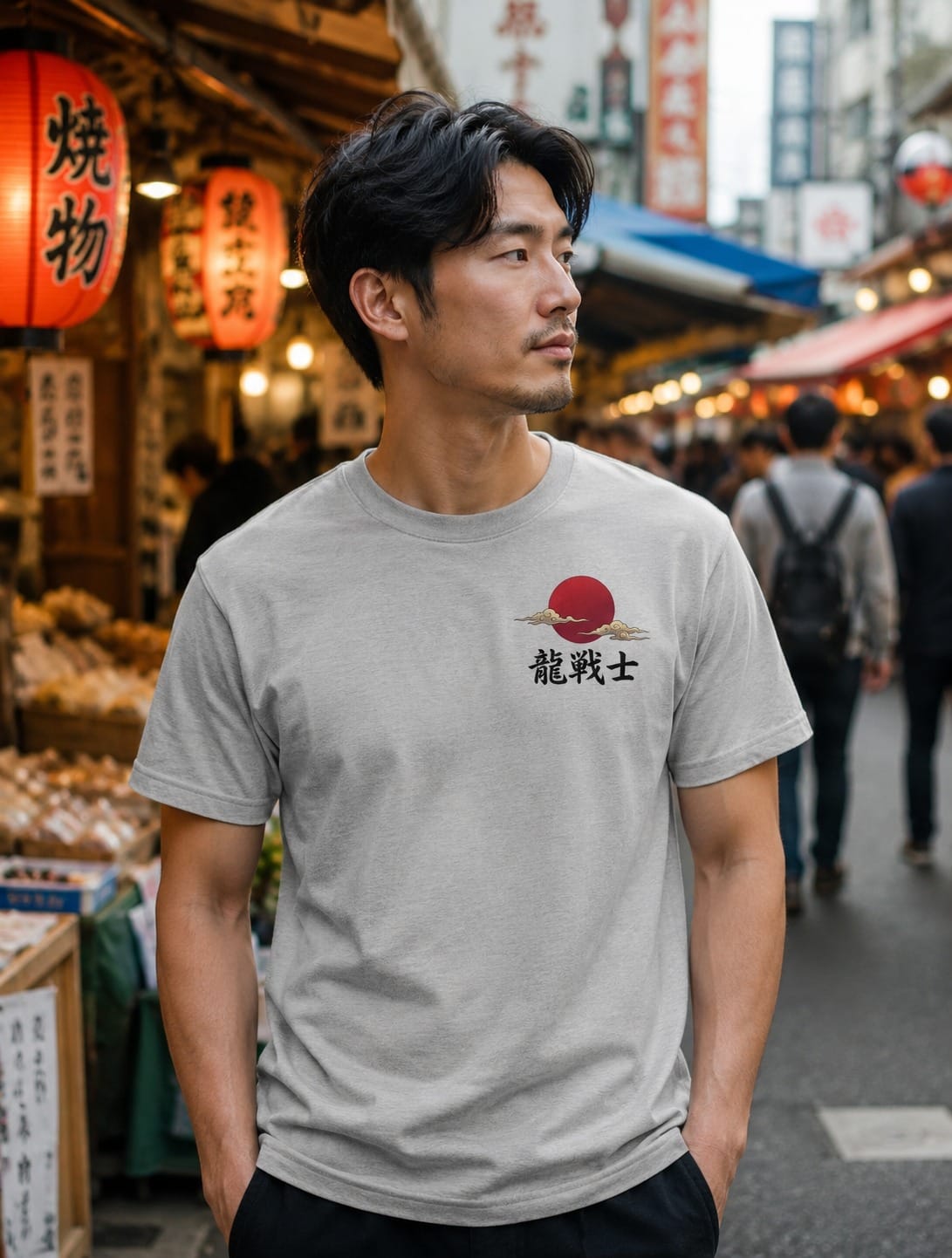 Japanese Dragon & Pagoda Graphic Heather Grey T-Shirt