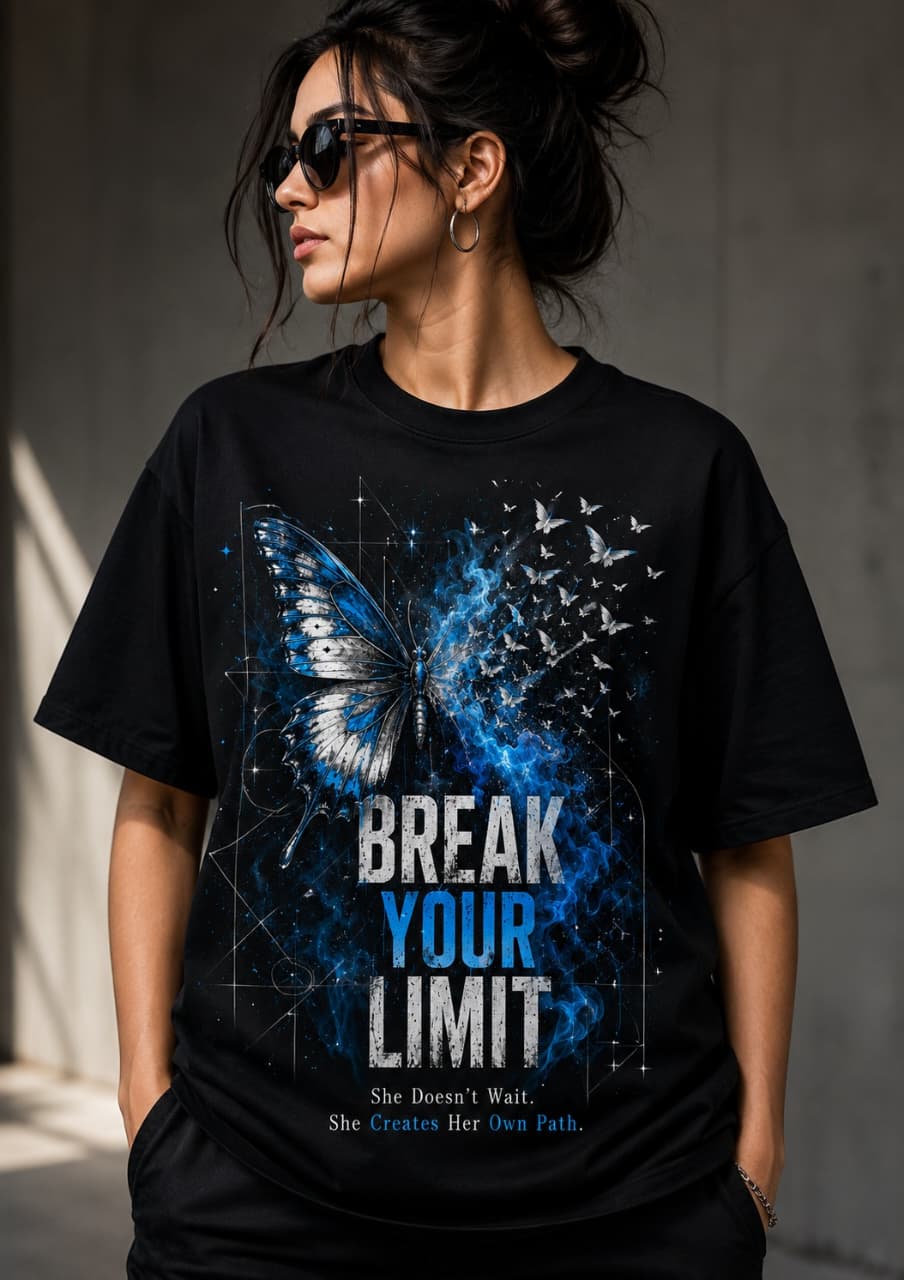 "Break Your Limit" Blue Butterfly Graphic Black Oversized T-Shirt