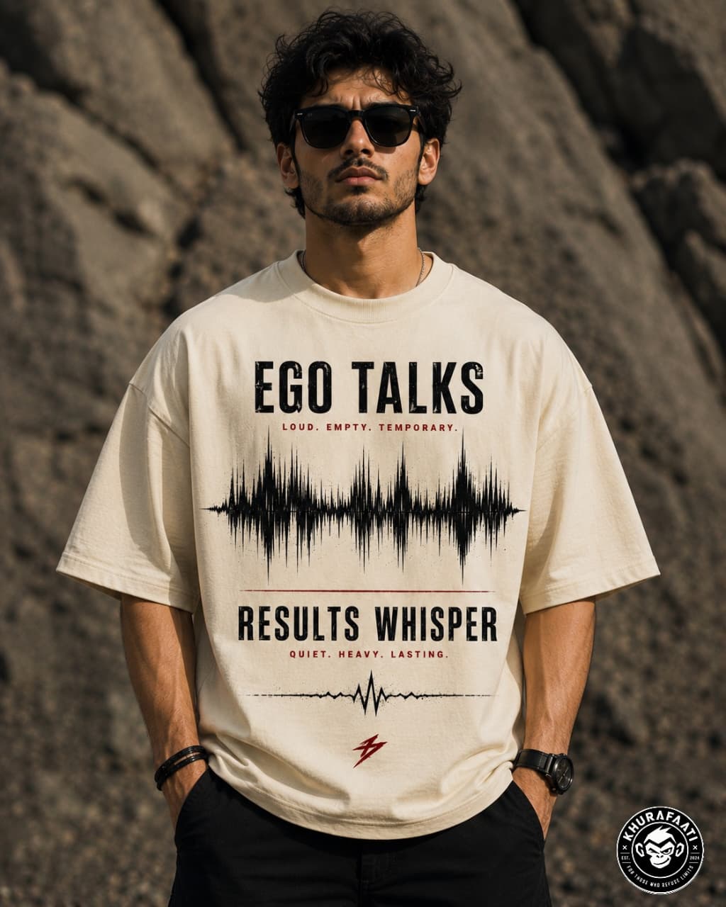 "Ego Talks Results Whisper" Audio Wave Beige Oversized T-Shirt