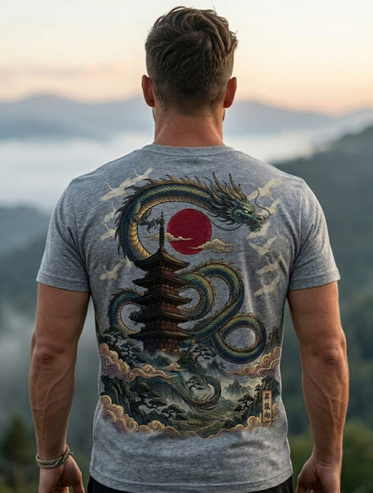 Japanese Dragon & Pagoda Graphic Heather Grey T-Shirt