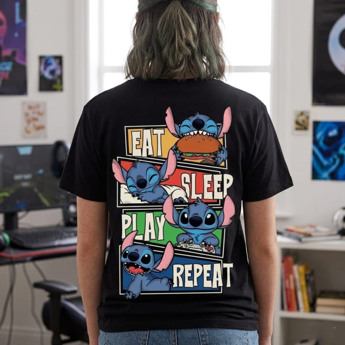 Stitch Pocket Graphic "Eat Sleep Play Repeat" Black T-Shirt