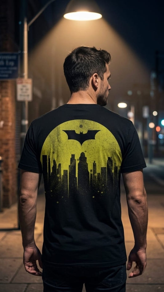 Bat Symbol Gotham City Skyline Graphic Black T-Shirt