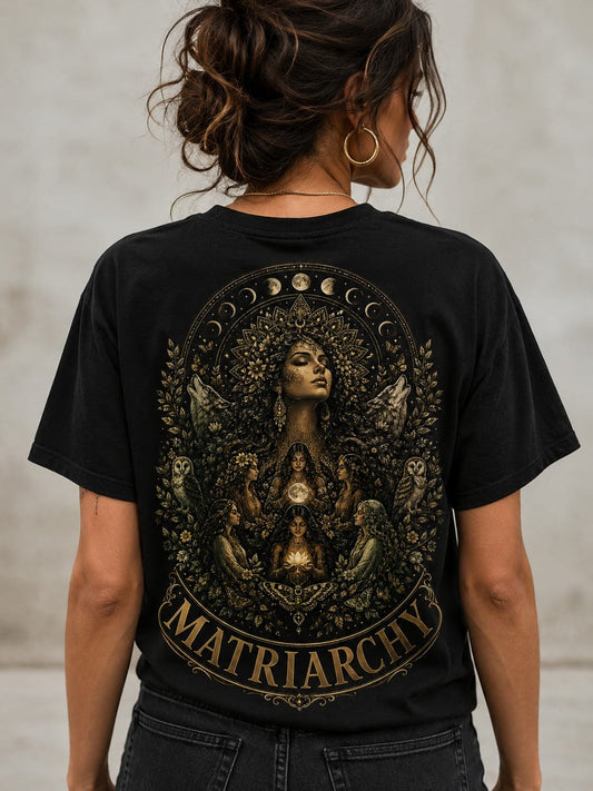 Golden Triple Moon "Matriarchy" Goddess Graphic Black T-Shirt