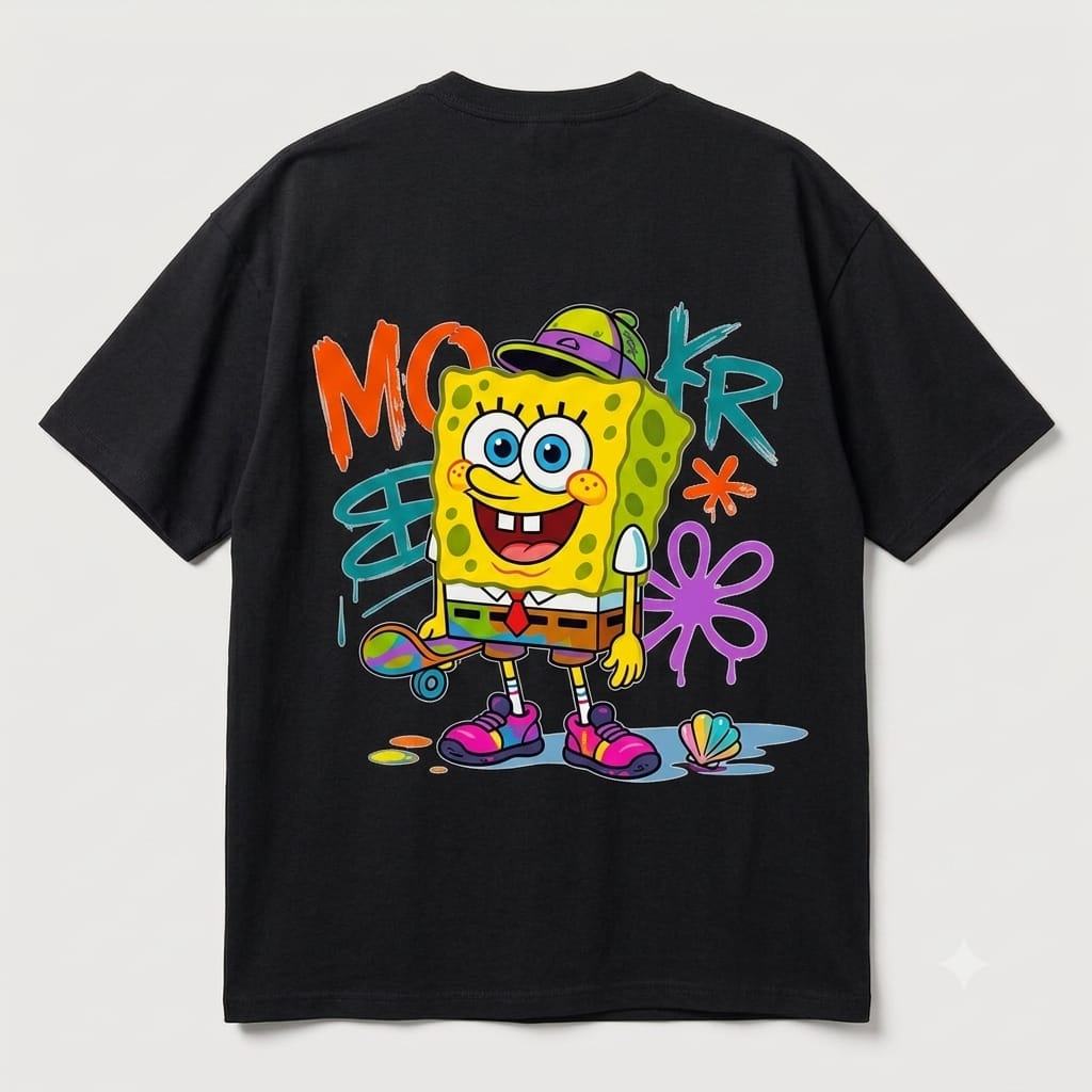 Spongebob Skater Graffiti Oversized Black Graphic T-Shirt