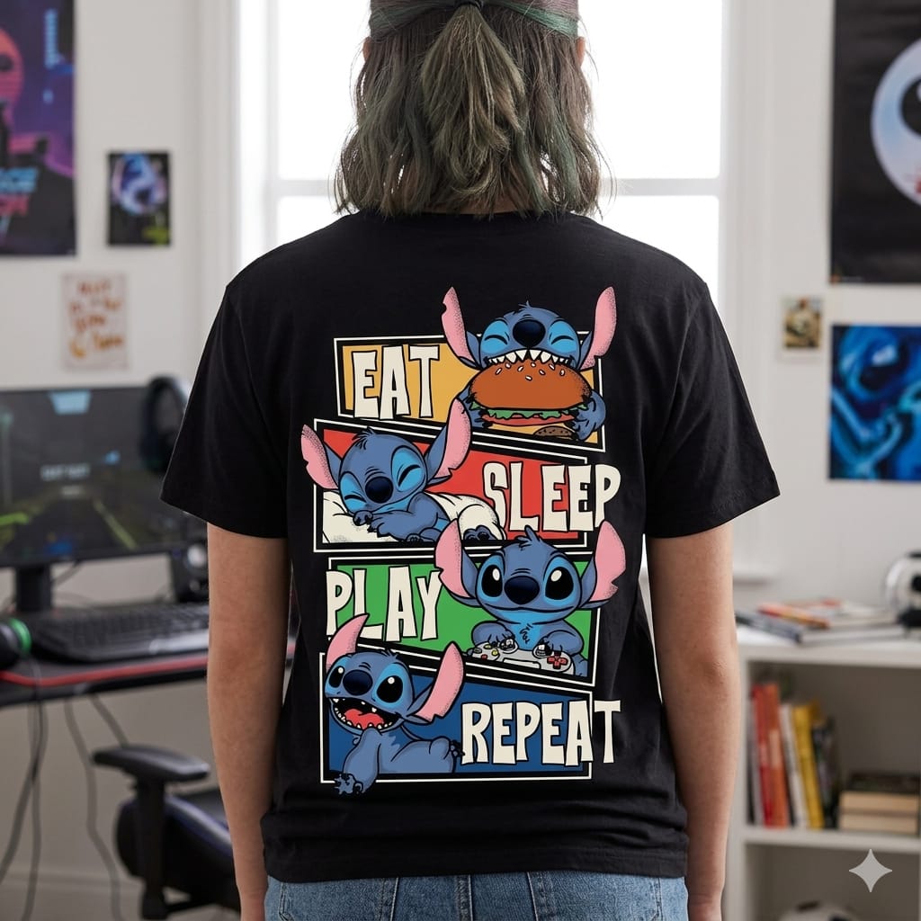 Stitch Pocket Graphic "Eat Sleep Play Repeat" Black T-Shirt