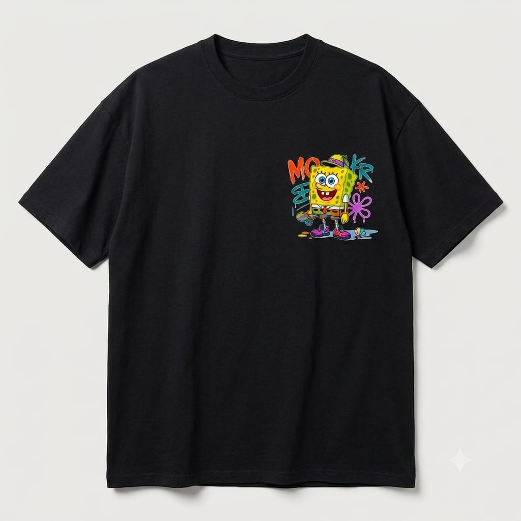 Spongebob Skater Graffiti Oversized Black Graphic T-Shirt