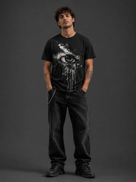 Monochrome Eye Graphic Splash Oversized Black T-Shirt
