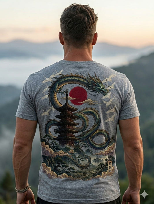 Japanese Dragon & Pagoda Graphic Heather Grey T-Shirt