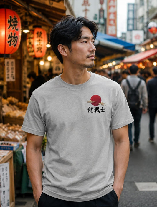 Japanese Dragon & Pagoda Graphic Heather Grey T-Shirt