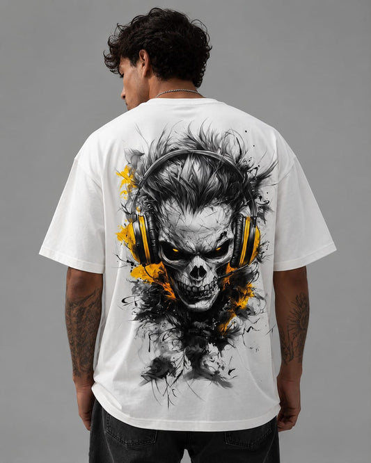 "Dead Frequencies" Skull with Yellow Headphones Graphic White T-Shirt