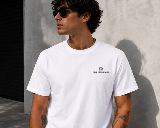 "Dead Frequencies" Skull with Yellow Headphones Graphic White T-Shirt