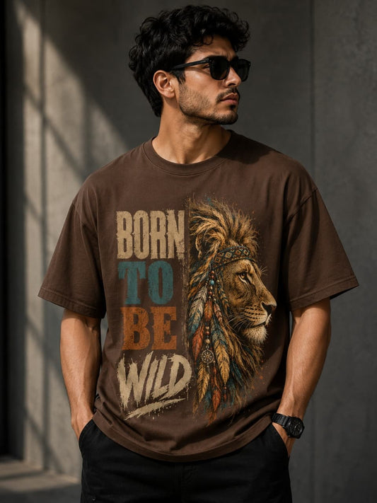 Tribal Lion "Born To Be Wild" Graphic Brown Oversized T-Shirt