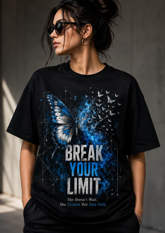 "Break Your Limit" Blue Butterfly Graphic Black Oversized T-Shirt