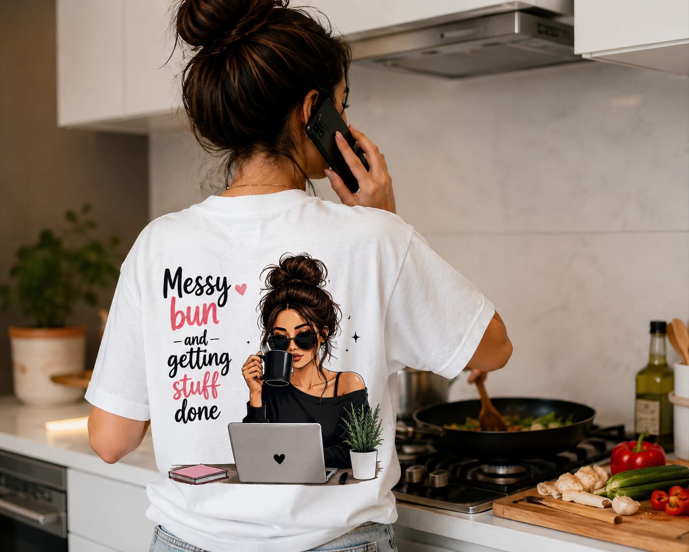 "Messy Bun & Getting Stuff Done" Boss Babe Graphic White T-Shirt
