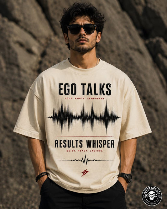 "Ego Talks Results Whisper" Audio Wave Beige Oversized T-Shirt