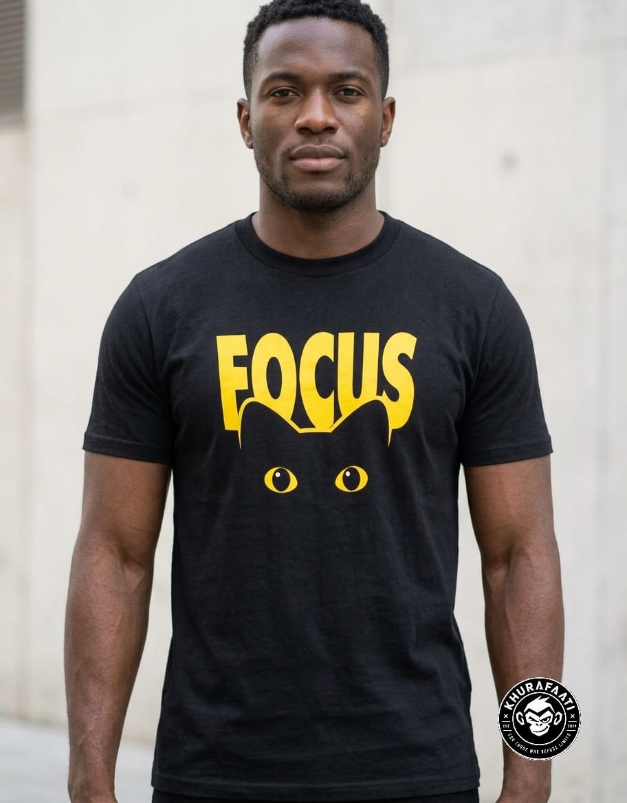 "FOCUS" Black Cat Peeking Yellow Graphic Black T-Shirt