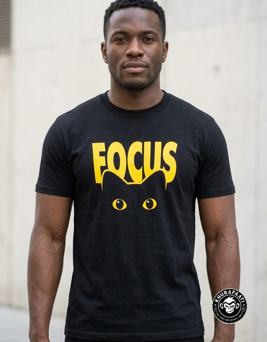 "FOCUS" Black Cat Peeking Yellow Graphic Black T-Shirt